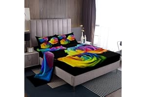 Loussiesd Rose Fitted Sheet Rainbow Roses Floral Bedding Set Blossom Flowers Bed Sheet Set For Kids Girls Women Colorful Bouquet Bed Cover Couple Lover Valentine's Day Double Size 4Pcs