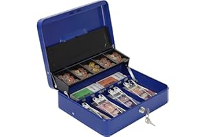 HAITRAL Metal Cash Box Lockable Money Coin Security Box, Portable Large Double Layer Cash Box with Fixed Coin Tray and 2 Keys, Petty Money Tin 11.8 X 9.4 X 3.5 Inch, Blue