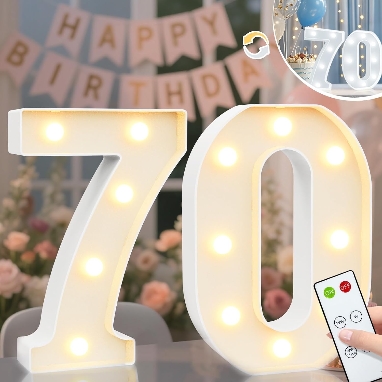 Vimlits Light Up Numbers 70th Birthday Decorations, LED Number Lights Lighted Number Sign for Party Backdrop Wedding Anniversary Remote Wall Table Decor - Cool White & Warm White 70