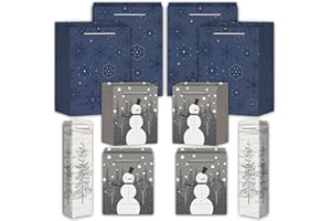 PANSIBY Geschenktüten Weihnachten, 10 Stück Weihnachtstüten mit Tragegriff, Tüten aus Kraftpapier, Blau Grau Weihnachtstaschen in Vielen Größen