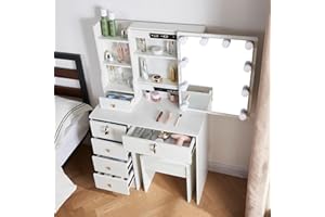 Jrswin White Dressing Table with LED Lights Mirror, Makeup Vanity with Lights and Drawers, Vanity Desk Set with Mirror and Stool for Bedroom