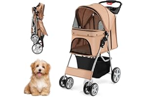 COSTWAY Wózek dla psów domowych do 15 kg, z okienkami z siatki, uchwytem na napoje, koszem i ochroną przed słońcem, składany wózek dla kotów