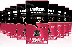 Lavazza, Espresso Maestro Classico, 100 Capsules Café Compatibles avec les Machines Nespresso Original, Notes de Biscuits et Céréales, 100% Arabica, Intensité 9/13, Torréfaction Foncé, 10 Paquets
