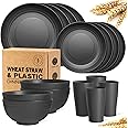 Teivio 16-Piece Kitchen Wheat Straw Dinnerware Set, Service for 4, Dinner Plates, Dessert Plate, Cereal Bowls, Cups, Unbreakable Plastic Outdoor Camping Dishes, Black