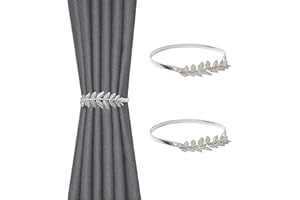 VEGCOO 2 Pack Curtain Tie Backs, Silver Leaves Curtain Tiebacks Adjustable Curtain Holdbacks Modern Simple Style Drape Tie Backs, Metal Curtain Buckle Clips for Home Hotel Office Window Drapery Decoration