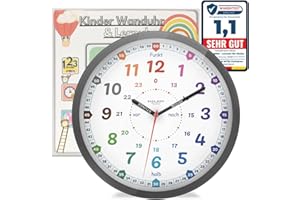 Bada Bing Montessori Orologio da parete per bambini – Orologio da parete senza rumore – Orologio analogico per bambini per imparare l'ora – Decorazione per la cameretta dei bambini – Orologio da