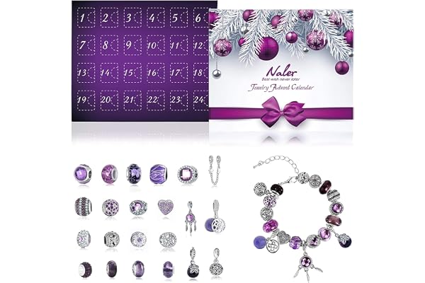 Naler Adventskalender smycken 2026 för kvinnor och flickor, 24 delar | 22 berlocker, 1 armband och 1 halsband i violett. Gör-det-själv-modesmycke att kombinera för adventstid.