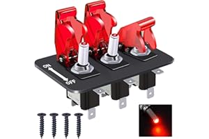 Taiss/3 Gang Rocker Toggle Switch Panel with 12V LED Light Toggle Switch 20A Heavy Duty Racing Car SPST 3Pin ON/Off Red LED Illuminated Switch Plate and Red Waterproof Safety Cover ASW-07DRRMZ-BZ