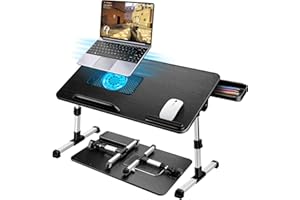 AirOpen Stolik do Laptopa do łóżka, Regulowana Wysokość i Kąt, Składany, Z Szufladą, Wentylator Chłodzący do Laptopa, Może być Używany w łóżku, na Kanapie, na Podłodze (53 x 30 cm, Czarny)