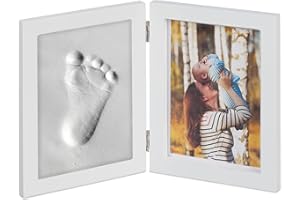 Relaxdays Ramka na zdjęcia dziecka z nadrukiem gipsowym, zestaw do odciski dłoni lub stóp, "zrób to sam" z ramką, biała, drewno, 1 sztuka
