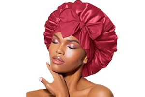 ‎BONNET QUEEN BONNET QUEEN Satin Seiden Schlafmütze Verstellbar Damen Herrn Motorhauben Nacht Haarpflege Schutz Kopfhaube für Lockiges Lange Haaren Glatt Atmungsaktiv(M,Weinrot)