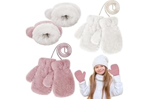 Yimomoyi Manoplas Cálidas para Niños, 2 Pares Guantes Invierno con Forro Polar, Manopla de Nieve de Invierno con Cuerda Cuello, Mitones Cálidos de Invierno para Niños 3-7 años, 18 * 9cm