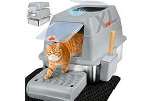 SZEETECH Katzenklo Groß XL, Edelstahl Katzentoilette mit Deckel, Stainless Steel Cat Litter Box, Geschlossen Katzen Klo Hohe Rand, Zwei Eingänge, Schaufel+Matte+Trettstufe- 60 x 40 x 39,5cm(Grau)