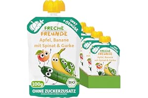 ‎FRECHE FREUNDE FRECHE FREUNDE Bio Quetschie Apfel, Banane, Spinat & Gurke, Fruchtmus mit Gemüse im Quetschbeutel für Babys ab dem 6. Monat, vegan, 6er Pack (6 x 100g)