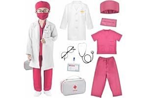 Znnhnn 9 Bata Medico Niño Set Disfraz Medico Niño Maletin Medicos Juguete Disfraces Accesorios para Carnaval Halloween Cosplay Fiesta Regalos para Niños Niñas de 5 a 6 Años (Rosa)