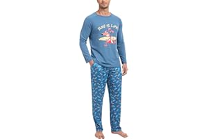 Jahetuul Pijama Hombre Invierno de Algodón con Cuello Redondo Conjunto de Ropa para Dormir Pijama Largo Hombre con Estampado Pijamas y Ropa de Estar en Casa