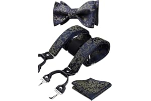 HISDERN Paisley Bretelle per uomo con molto forte 6 clip Bretelle Heavy Duty Bretelle regolabili in stile Y Papillon e fazzoletto da taschino Set