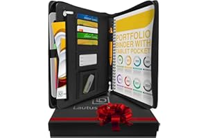 Black A4 Conference Folder - Zippered PU Leather Portfolio Folder for Men & Women with A4 Notepad, 10.5 Inch Tablet Pocket & Gift Box by Lautus Designs