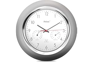 MEBUS Funk-Wanduhr mit Thermometer und Hygrometer/silberner Rahmen/weißes Zifferblatt / 24cm Durchmesser/Rund/Modell: 19454 / Farbe: Silber, Weiß