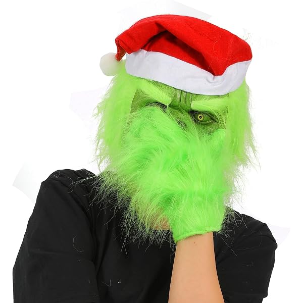 Grinch Maske Mit Handschuhen & Rotem Hut – Latex-Vollgesichtsmaske, Für Halloween, Weihnachten & Karneval, Inkl. 4 Atemlöcher