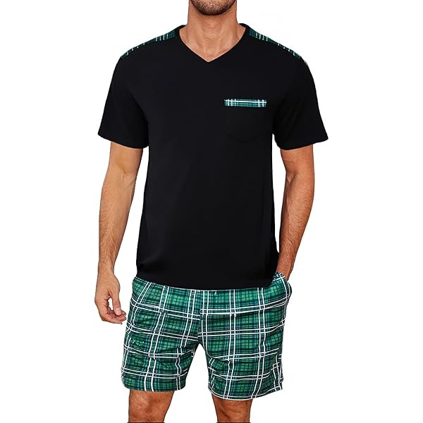 Bresdk Zomerpyjama voor heren, katoen, kort, licht, 2-delig, bovendeel met korte mouwen met V-hals en shorts, plaid - zwart/blauw, S