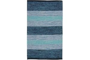 Pierre Tappeti Tappeto HAPPY BLU disegno a righe 100% cotone annodati a mano, passatoia stuoia cucina multiuso lavabile cm.55x140