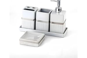 Ceramic Haven Elegance Collection | Set of 5 Luxury Bathroom Accessories | Soap Dispenser, Toothbrush Holder, Multipurpose Holder, Tumbler, Vanity Tray | Stylish Décor & Organiser (White Elegance)