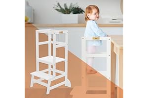 Joyz Torre de Aprendizaje Montessori Taburete de Ayuda para Cocina Trona Infantil de Madera Blanca con Altura Ajustable en 3 Niveles, Niños Desde 1 año Silla para Descubrimiento, Segura y Antivuelco