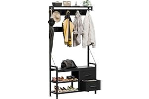 Buluri Garderobenständer, Schuhregal mit Sitzfläche und 2 Schubladen, Kleiderständer mit 17 Abnehmbaren Haken, 5 In 1 Design, Metallrahmen, für Flur, Wohnzimmer, Eingänge (Schwarz)