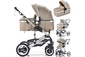 Daliya Bambimo 2in1 Kinderwagen - Kombikinderwagen 9-Teiliges Set incl. Babywanne & Sportsitz/Buggy - 1-Klick-System/Alu-Rahmen/Voll-Gummireifen/Sonnenschutz/Getränkehalter in Khaki