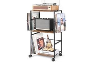 Bikoney Tocadiscos Almacenamiento, Laminación Mesa Auxiliar con Grande Soporte Tocadiscos, Reproductor Vinilo de Hasta 150 álbumes, Soporte Plato Giratorio con 2 Visualización de Vinilo