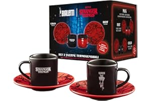 Bialetti Set 2 Tazzine con Piattini Stranger Things, Termo Sensibili, cambiano colore con il calore, No Lavastoviglie, 80 ml ciascuno, Nero
