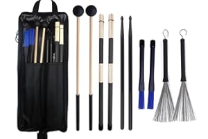 TUOREN Drumstick-Tasche mit Bodentom-Haken inklusive 5 Paar Drumsticks Schlägel Bürsten Set Percussion Instrument Zubehör für Kinder Erwachsene Schlagzeuger Praxis schwarz