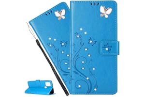 LEMAXELERS Galaxy A71 Hülle,Für Samsung Galaxy A71 Handyhülle Glitzer Diamant Schmetterling Blumen Prägung Flip Case PU Leder Cover Magnet Schutzhülle Handytasche für Samsung Galaxy A71,GH Blue