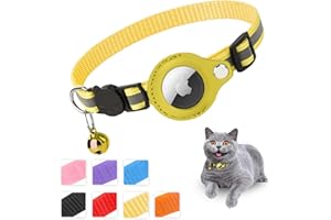 Mouyou Airtag Katzenhalsband,Airtag Halsband Katze Weiches Nylon Reflektierend mit Glocke und Sicherheitsverschluss,Tracking Katzen Halsband mit Halter Airtag Hülle Verstellbar von 22-34cm Gelb