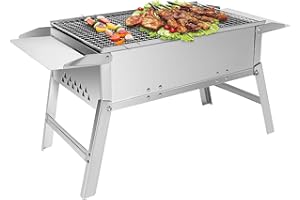 SunJas Grill na węgiel drzewny, składany, stal nierdzewna, grill, grill stołowy, piknik, przenośny, wymiary 55 × 26,5 × 32 cm, srebrny