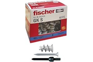Fischer 542459 40 tacos GK con tornillo específicos para cartón yeso, incluye accesorio de montaje, gris, 40 unidades con tornillo