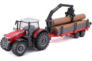 Bburago B18-31659 Massey FERGUSSON 8740S Tractor con Remolque de Troncos 10 cm, Rojo