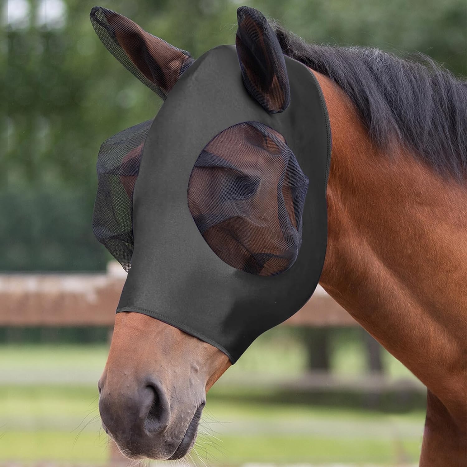 Adiwo Máscara Antimoscas para Caballos, 1PCS Máscara de Mosca de Caballo con Orejeras,Negro Máscaras Faciales para Caballos Anti-UV, Malla Transpirable, máscara de Freno elástica.