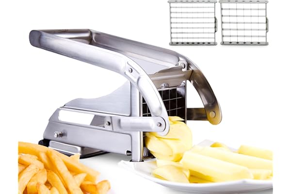 ICO Coupe Frites Manuel avec Deux lames Tranchantes En Acier Inoxydable, Coupe Frite Equipé d'une Base D'aspiration Sécurisée, Decoupe Frite Inox