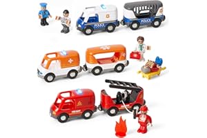 Giant bean 6 Pcs Rescue Train Car Set for Wooden Tracks, Includes Sound & Light, 3 in1 Police, Fire & Ambulance Emergency Vehicles with Action Figures Accessories, Christmas and Birthday Gifts for Kid
