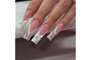 GlamRays 24Pcs French Tip Press on Nails Long Quadrat False Nails Glänzender Sarg Künstliche Nägel mit Schleife und Strasssteinen Weiß French Tip mit Pearl Designs Acrylnägel