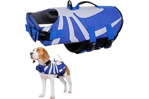 PUMYPOREITY Giubbotto Salvagente per Cani, Giacca di Salvataggio Protettivo Gilet Salvagente con Fissaggio Regolabile e Manico per Cani di Taglia Piccola Media e Grande(Blu, L)