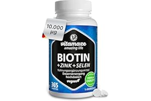 VITAMAZE - AMAZING LIFE Biotyna w wysokiej dawce 10.000 mcg + Selen + Cynk na wzrost włosów, skóry i paznokci - ZWYCIĘZCA KONKURSU* - 365 wegańskich tabletek na 1 rok, suplement diety bez dodatków, Made in Germany