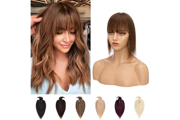 10"(25cm) Silk-co Prótesis Capilar Mujer Clip Toupee con Flequillo Postizo Pelo Natural 33g 100% Cabello Humano Remy Hair Extensiones de Topper 7cm*13cm #4 Marrón Medio