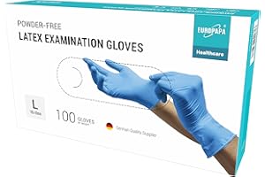 EUROPAPA® Lot de 100 gants jetables en latex, Non poudrés - Gants d'examen EN455 et EN374, Gants jetables en latex, Tailles XS, S, M, L et XL (L, bleu)