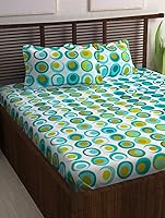 Story@Home Candy 120 TC Cotton Double Bed Sheet with 2 Pillow Covers - Geometic Circles, Queen Size, Cyan and White