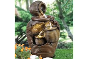 AMUR Gartenbrunnen Brunnen Zierbrunnen Zimmerbrunnen Springbrunnen Brunnen 4-Amphoren mit LED-Licht 230V Wasserfall Wasserspiel für Garten, Gartenteich, Terrasse, Teich, Balkon Sehr Dekorativ