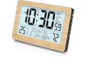 VINILITE Orologio da Parete Digitale da Tavolo Sveglia Radiocontrollata da Comodino a Pile con Ampio Display LCD, Calendario, Temperatura e Umidità