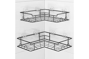 Diboniur Mensola Doccia Angolare Senza Foratura con 8 Ganci, 2 Pezzi Organizer Doccia da Appendere in Acciaio Inossidabile, Porta Shampoo Doccia da Appendere (Nero)